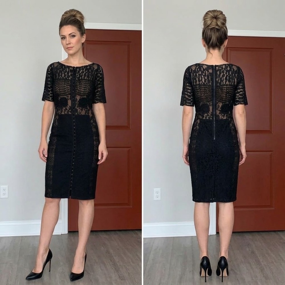 AnBeguile by Byron Lars Black Lace Sheer Bodice Sheath Dress Size 6